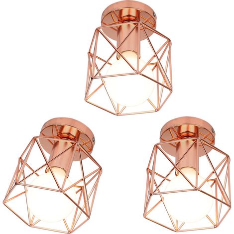 Lot de 3 Retro Plafonnier Industrielle en Métal Carré Fer, Suspension Cage Cube Luminaire E27 pour Salon Chambre Café Bar Restaurent Entrée Couloir,Or rose - Or Rose BLOW (1/4)