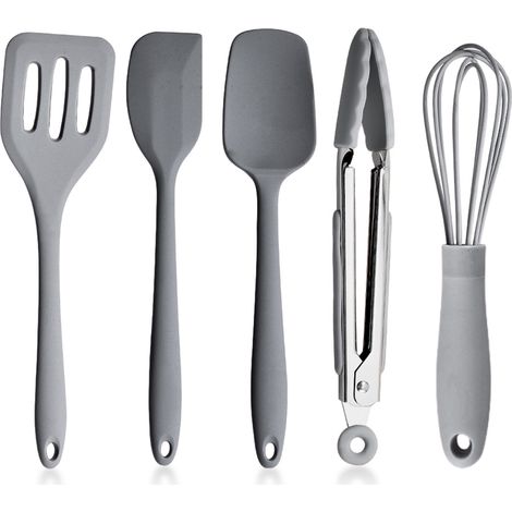 Set di utensili da cucina composto da spatola in silicone integrata, pinze da cucina, frusta e utensili da forno, colore grigio.