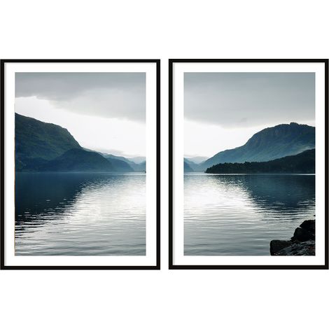 BILDPOSTER IM RAHMEN 53x73cm Diptychon Set mit 2 Gemälden See Berge P2075 (1/3)