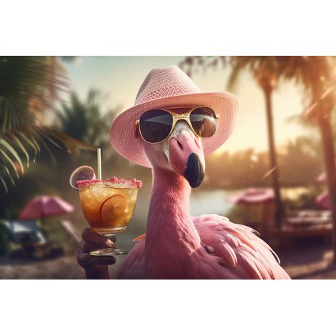 Tableau sur toile Flamant rose chic avec cocktail 30x45 cm - Impression sur Toile Murale Décorative - Image imprimée en HD sur Toile - Toile sur Châssis en Bois FSC - Fabriqué en France (1/5)