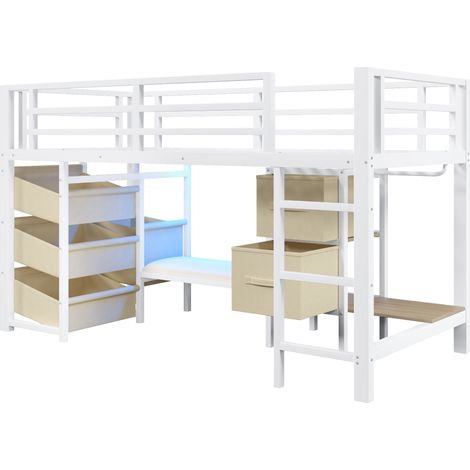 Gaga90200 cm, lit mi-hauteur, avec coussin d’assise, tiroir de rangement en tissu, poche de rangement en tissu, éclairage LED multicolore, zone de crochets pour vêtements, métal, sans matelas, blanc (1/5)