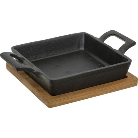 Mini plat en fonte carré  +  planche Bambou