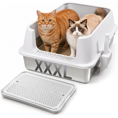 TolleTour Edelstahl Katzenklo XXL 71 x 51 x 30 cm offene Katzentoilette mit hohem Rand Weiß (1/5)
