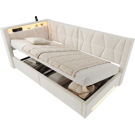 Lit rembourré 90x200 cm avec rangement, velours beige, LED tête et pied, USB Type-C, coffre hydraulique et sommier inclus pour chambre ou ado - CHICFURN (1/5)