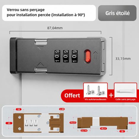 Verrou de porte à code mécanique 90° angle droit gris étoilé fixation colle ou vis 90 réf 3350 11 × 5 × 3,2 cm 235 g – Livraison gratuite