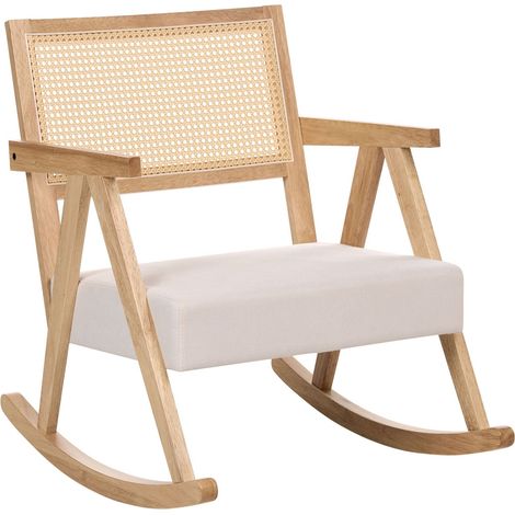 Poltrona a dondolo imbottita con schienale Vienna struttura in legno di gomma tessuto marrone chiaro e beige chiaro Rya