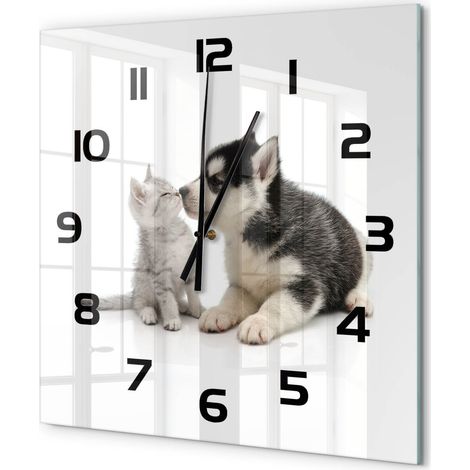 Grande Horloge Murale Carrée Sans Cadre en Verre Trempé Silencieuse et Moderne Chien et chat 60x60 cm (1/5)