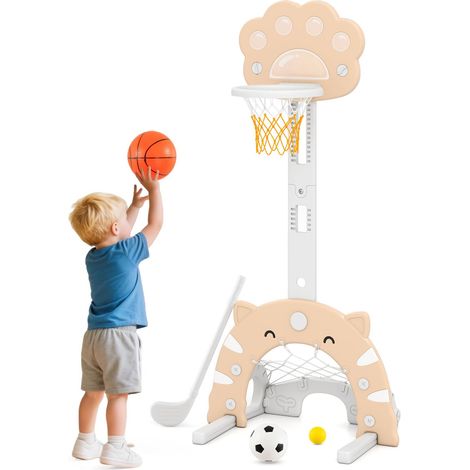 COSTWAY 3 in 1 Canestro da Basket per Bambini, con Canestro Calcio e Golf, Cerchio Rimovibile e Pieghevole, Set da Gioco Regolabile per Interno ed Esterno, 3 Anni+ (Moca) (1/5)