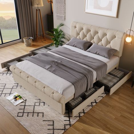 Bett mit 4 Schubladen 140x200 cm Natur Metall Holz OKMYHOME (1/5)