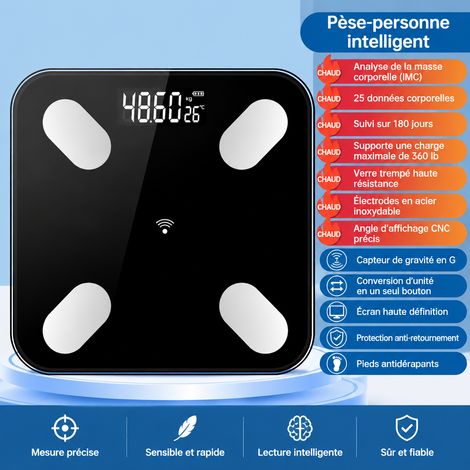 Pèse-personne impédancemètre connecté à piles en verre trempé noir 180 kg app réf 2529 30 × 30 × 4,5 cm 950 g – Livraison gratuite