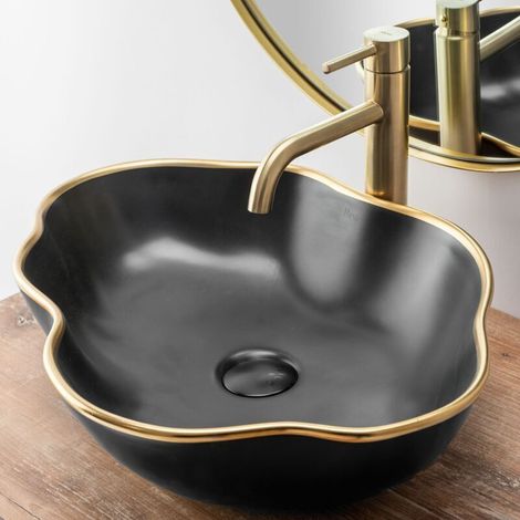 Einhebel-Waschtischarmatur, modernes, kreatives Design, glänzende Einlocharmatur, gebürstetes Gold, massives Messing (2 Schläuche inklusive) - RW (1/5)