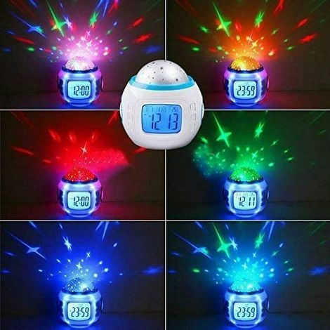 Réveil numérique projecteur d'étoiles LED avec calendrier, thermomètre et musique, veilleuse céleste pour enfants, horloge parlante originale (1/5)