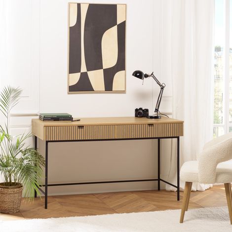 SCOTT - Bureau 2 tiroirs bois décor effet rainuré noir et naturel (1/5)