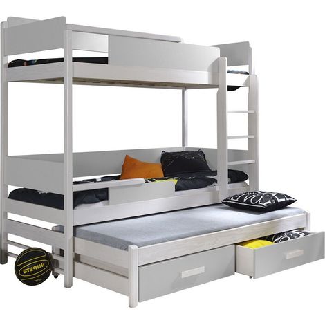 Litera Henderson 114, Blanco + Gris, De dos pisos, De dos pisos with a pull-out extra cama, 90x190, 90x200, Madera, Somieres, 98x208x183cm