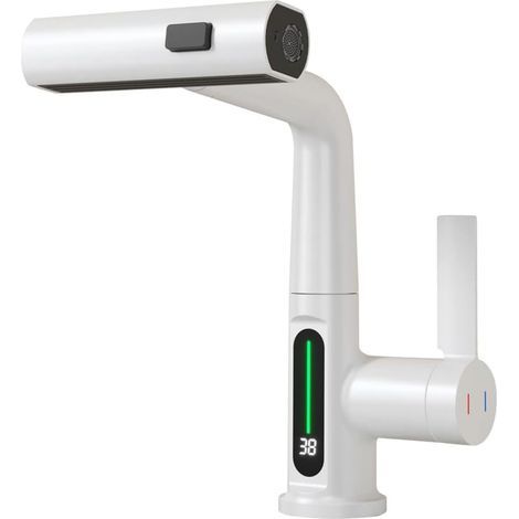 Kitchen Faucet with Pull-Out Sprayer, Digital LED Temperature Display, 360° Swivel Faucet, White (1/4)