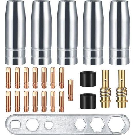 25pcs Embouts de Contact de Buse de Soudage, Support de Connecteur de Gaz,Soudage Adaptés pour AK-15/MB-15,5 buses à gaz,15 buses électriques M6 0.8 mm,2 poignées de buse,2 isolateurs,1 outil clé (1/4)