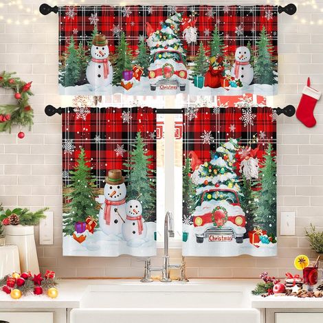 Rideau De Cuisine - Rideau Court Et Bandeau - Motif Noël Flocons De Neige Arbre De Noël Bonhomme De Neige - 36 Pouces - Lot De 3 Pièces (1/5)