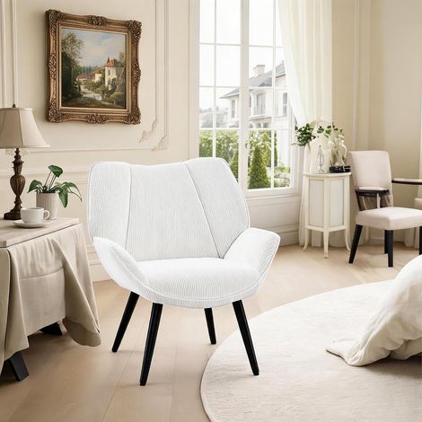 Fauteuil Blanc en Velours Côtelé, Dossier Haut et Pieds Métal (1/5)