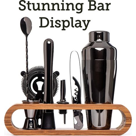 (Noir anthracite) Kit de barman Mixology : ensemble de 10 outils de bar avec support élégant en bambou (1/5)