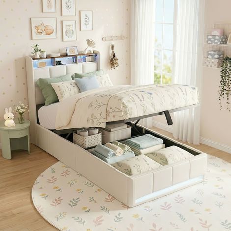 Cama Canapé 90x200 cm, Cama Individual Adulto/Infantil con Somier de Láminas, Cabecero Tapizado en Lino, Almacenaje Hidráulico, Iluminación LED y Puertos USB/Tipo C - Beige
