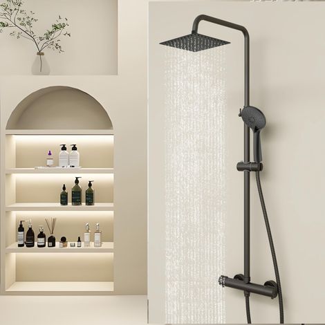 Biubiubath colonne de douche thermostatique noire, réglable en hauteur, douche de tête carrée + douchette ronde pour salle de bains (1/5)