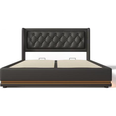 Letto matrimoniale imbottito 180 x 200 cm nero PU con contenitore, USB-C e LED (1/5)