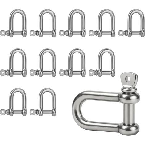 Lot de 12 manilles en acier inoxydable M5 en forme de D, résistantes à la corrosion, très résistantes, idéales pour gréement, câbles en acier, chaînes et fixations en intérieur et extérieur, anneau (1/4)