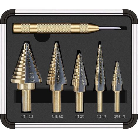 Set mit 5 HSS-Titan-Stufenbohrern mit automatischem Körner, Set mit Hochgeschwindigkeitsstahlbohrern