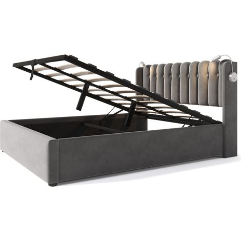Lit double 140x200 en velours gris avec liseuse, USB et rangement (1/5)