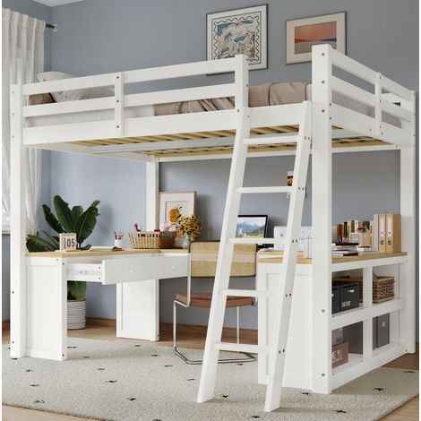 Bett Hochbett Stauraum 140x200 mit Tisch Holz OKMYHOME