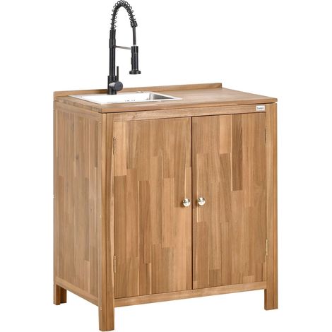 Mobile da giardino in legno d'acacia 2 ripiani 50 x 80 x 90 cm Piano in legno massiccio Lavello in acciaio inox Marrone e nero Venosa