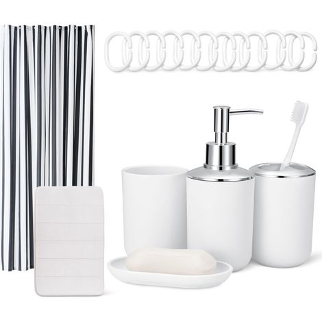 Set d'Accessoires Salle de Bain : Rideau de Douche avec Crochets, Tapis de Bain Memory Foam, Distributeur de Savon, Porte-Savon, Porte-Brosse à Dents (1/5)