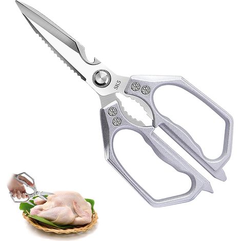 Ciseaux de cuisine robustes 5-en-1, acier inoxydable, poignée ergonomique, lames titane dentelées : viande, volaille, poisson, herbe (1/5)