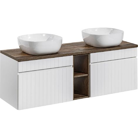 Double meuble sous vasques suspendu ICONIC blanc 140 cm avec le plan et ses 2 vasques Smile + l'extension chêne Santa Fe (1/5)