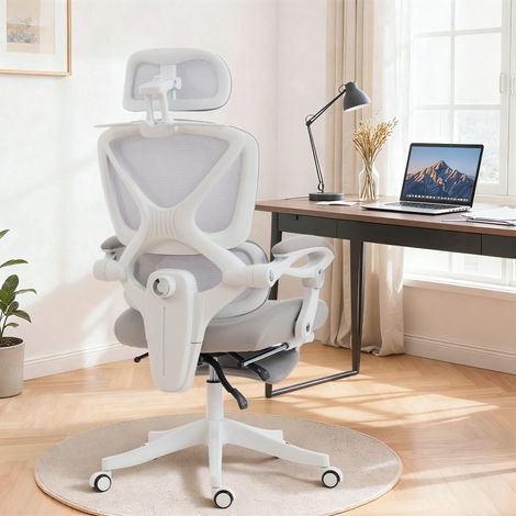 Silla de Escritorio de Malla Reclinable con Reposacabezas Soporte Lumbar Reposapiés y Altura Regulable Gris Claro (1/5)