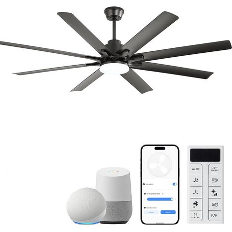 Ventilador de techo 168 cm, con luz LED, mando a distancia, silencioso, 8 velocidades, motor DC, negro (1/5)