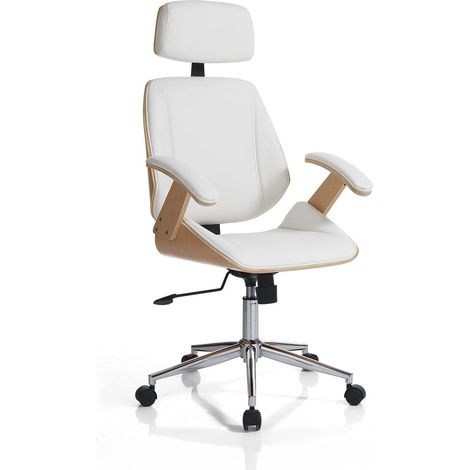 Ergonomischer Bürostuhl aus Holz und weißem Leder Michigan High