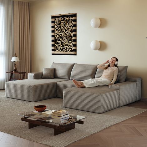 Canapé d'angle 3 places 270 cm, canapé 3 places tissu en velours côtelé camel, canapé 3 places salon modulaire avec méridienne en L, assise profonde, sans montage, livré en 3 colis, 59,7 kg