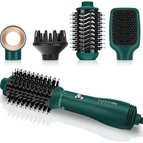 Ensemble de Brosse Soufflante 4 en 1, Seche Cheveux Avec 4 Accessoires, pour Sécher, Lisser, Volumiser et Coiffer, Brosse Sèche-Cheveux Ionique, Vert (1/5)
