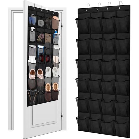 Organisateur de chaussures à 24 poches à suspendre à la porte, noir, cintre en filet, tissu non tissé, supporte jusqu'à 18 kg (1/5)
