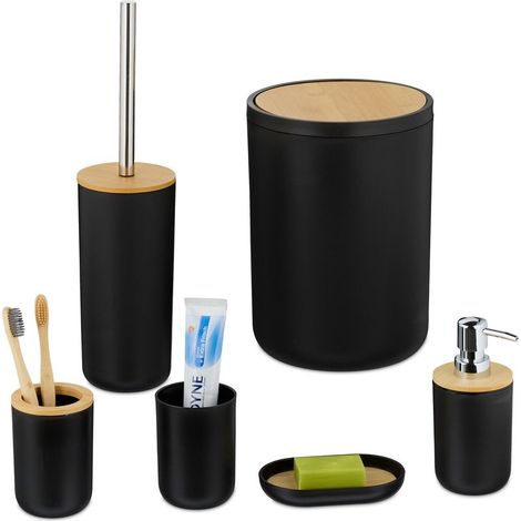 accessoires de salle de bain, 6 pièces, en plastique et bambou, set complet, noir et nature (1/5)