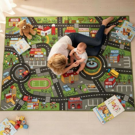 Tapis de jeu enfant 200x150x0,5 cm en polyester gris, antidérapant pour chambre FloraGrace (1/5)