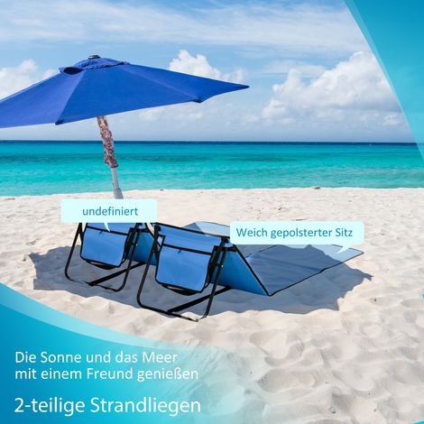 Transat de plage pliant à dossier inclinable, poche de côté, rembourrage confortable, armature en métal, bleu, 142 x 51 x 40 cm (1/4)