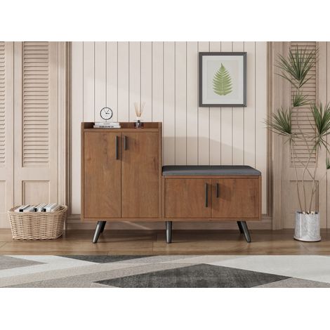 Moderner Schuhbänke mit Holzmaserung, Schuhschrank, vier Aufbewahrungstüren, asymmetrischen Metallgriffen, B120/D34/H82,8 CM (OLD SKU: N657P242917N) (1/5)
