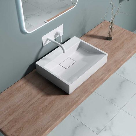 Bathroom Cloakroom 500 x 380mm (WxD) Cast Stone Resin Bathroom Basin - Wall Hung Or Countertop basin Sink No Tap Hole - Concealed Waste - Durovin Bathrooms