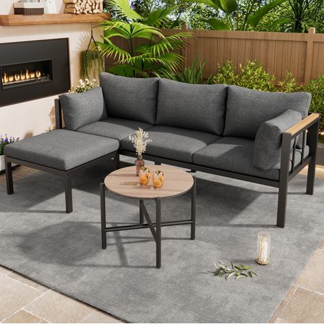 Sofá jardín rinconero con mesa y puff gris OKMYHOME (1/5)