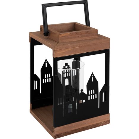 ECD Germany Lanterna Portacandele 14x22 cm in Legno Naturale Metallo e Vetro Decorazione con Maniglia Ornamento Rustico con Bicchiere per Candele Tea Lights per Interno Esterno