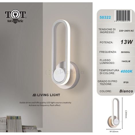 Applique da parete led 13w ovale verticale orientabile bianco oro moderno lampada luce fredda naturale  Bianco - Luce naturale