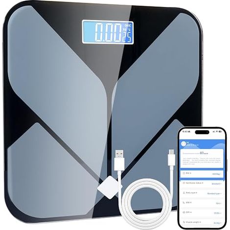 Bathroom Scales with 23 Body Data, 30 x 30 cm USB Rechargeable with LCD Display and Thermometer Function (1/5)