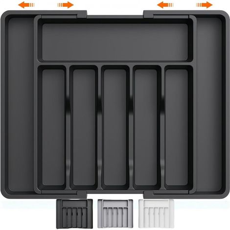 Vassoio portautensili da cucina con cassetto estraibile e 8 scomparti pratico contenitore per riporre cucchiai, forchette e coltelli - nero. (1/5)